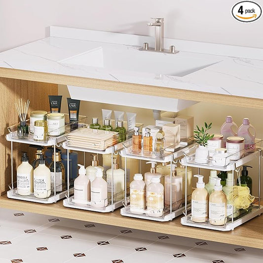 Delamu 2 Tier Bathroom Under Sink Organizers and Storage with Hook, Multi-Purpose Cabinet Drawers with Movable Dividers, Pull Out Organization for Countertop, Kitchen and Pantry(White, 4 Pack)