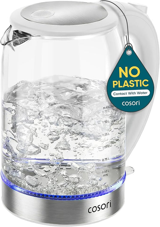 Cosori Electric Kettle, No Plastic Contact With Water, Wide Mouth For Easy Cleaning, Auto Shut Off, 1.7L Tea Kettle & Hot Water Boiler, Water Heater & Teapot, Borosilicate Glass, White, 1500W