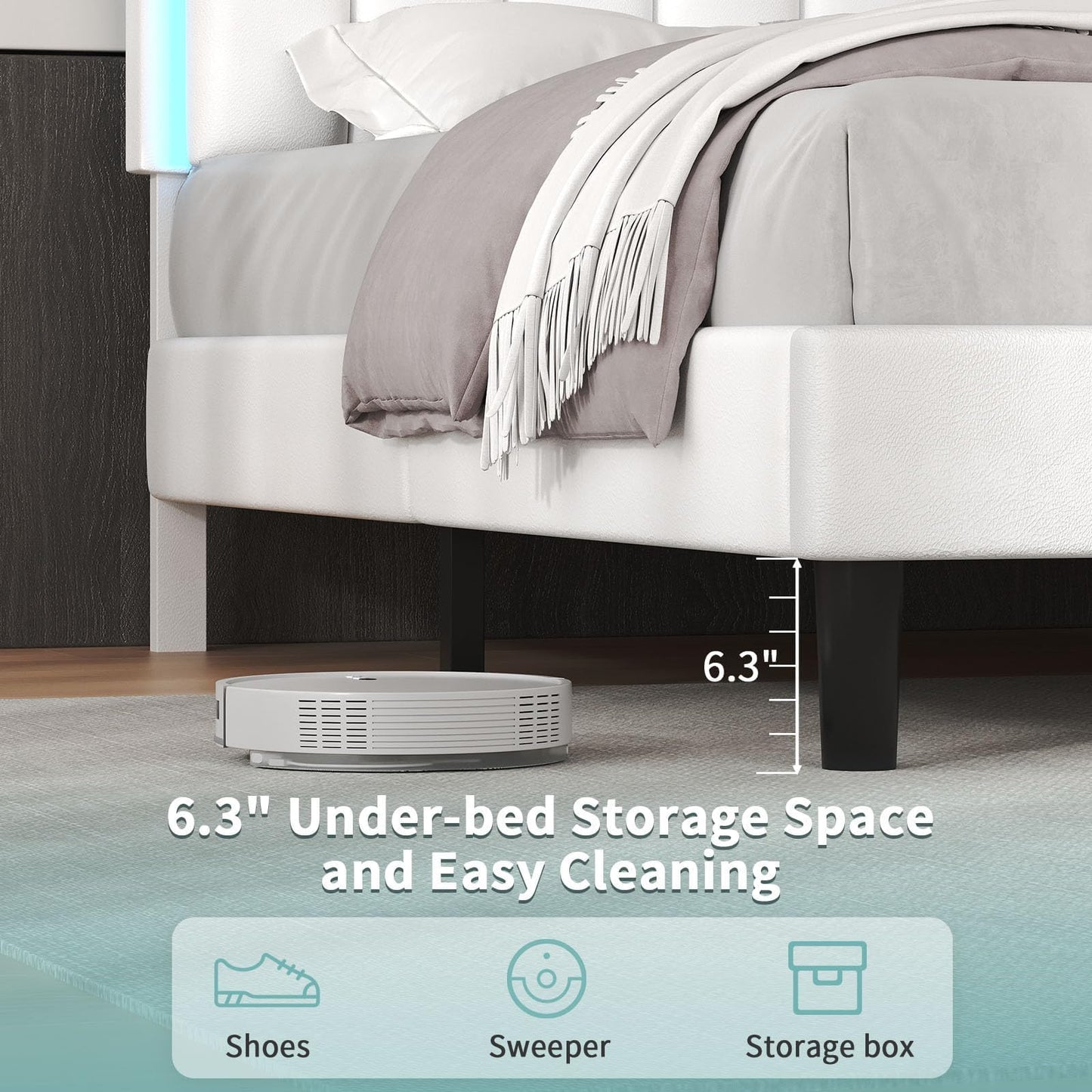 IMMERSTABLE Queen Bed Frame, Bed Frame Queen Size with LED Lights, Upholstered Queen Bed Frames with Headboard, Heavy Duty Wood Slats Support, Noise-Free, No Box Spring Needed, Easy Assembly, White