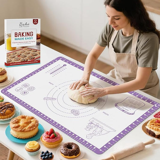 Silicone Pastry Mat with 10 Useful Recipes, Silicone Baking Mat for Dough Rolling,Bread, Cookie, Macaron, Pizza, Surdough, Non Slip Silcone Mat for Counter, Baking Suppliers Essential