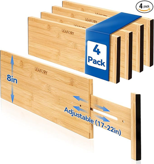 4 Pack Deep Drawer Dividers, 8" High Bamboo Expandable Drawer Organizers, 17-22" Adjustable Tension Separators, Large Drawer Dividers for Kitchen, Bedroom Dresser, Baby Nursery & Bathroom