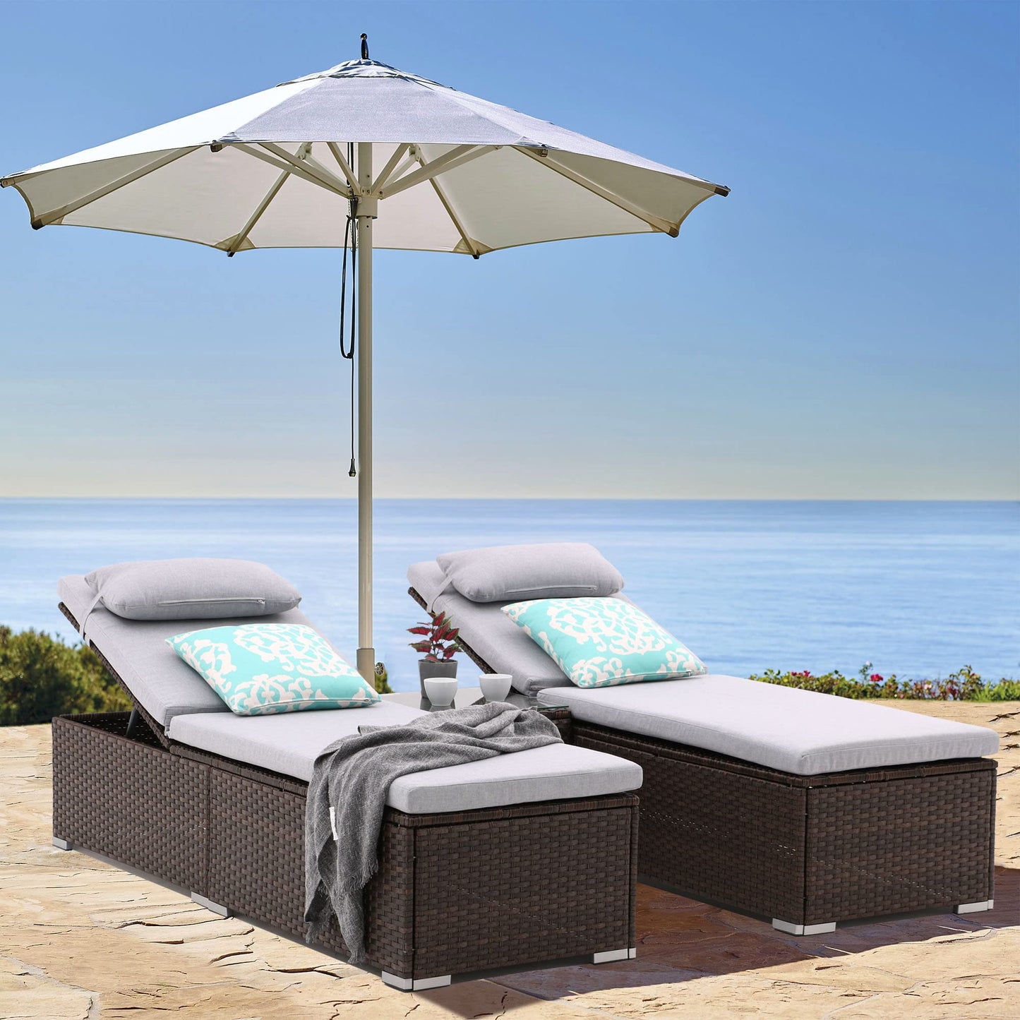 iArtHand 3 Pcs Patio Chaise Lounge with Coffee Table Cushion&Pillow Outdoor Lounge Chair Chaise Lounger Patio Reclining Chair 5 Angle Adjustment Brown Rattan for Courtyards Poolside Garden