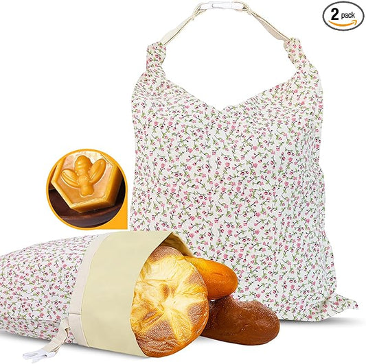 2 Pack Beeswax Bread Bags - 17x13 Inch Reusable Bread Storage Bags,Bees Wax Lined Bread Bags for Home Cooks fresh bread storage Easy Clean (Pink Floral)