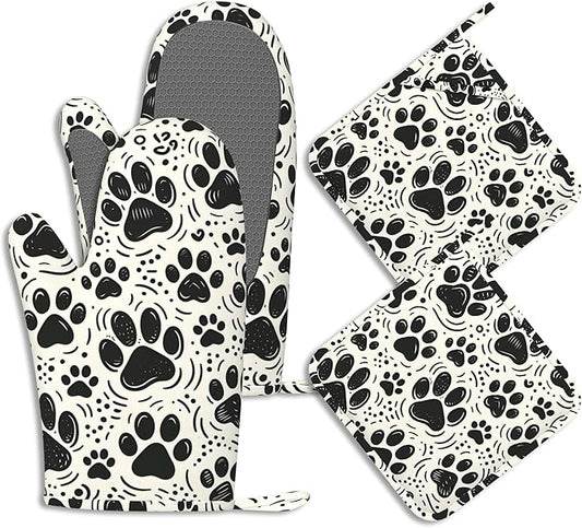 Dog Paw Potholders & Oven Mitts Sets Cat Footprint Paw Prints Silicone Heat Resistant Oven Mits and Hot Pads Non-Slip Pot Holders Gloves for Kitchen Chef Cooking Baking Grilling BBQ