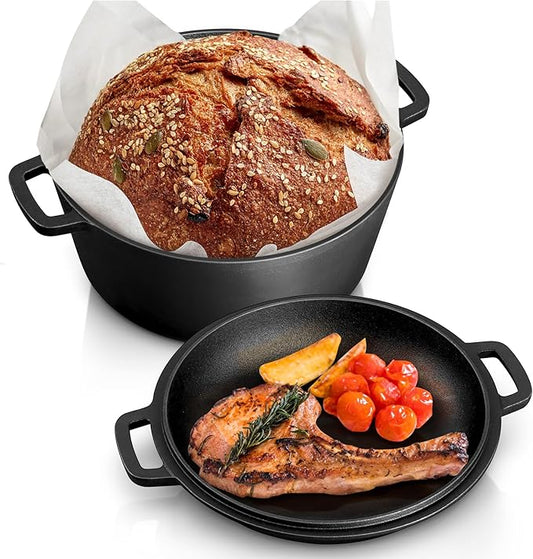 TeamFar Pre-season Cast Iron Dutch Oven with Skillet Lid, 2-in-1 Cast Iron Bread Pan Skillet Cookware with Dual Handles for Bread Baking, Frying, Camping, 5QT