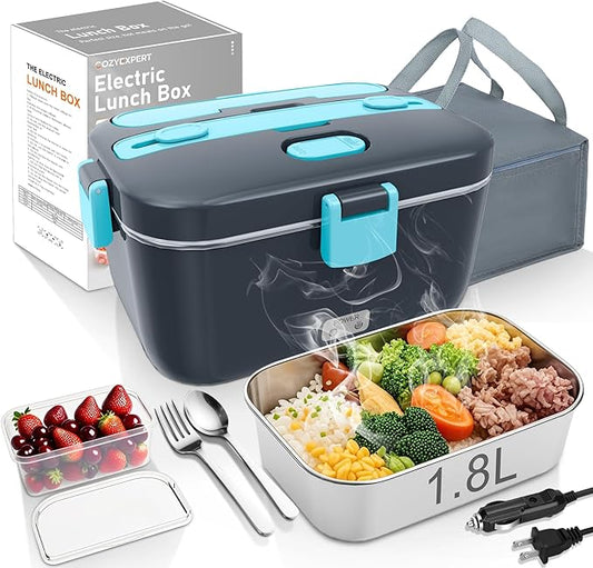COZYEXPERT Electric-Lunch-Box-Heated-Food-Warmer 100W Heating Lunchbox for Adults 1.8L Portable Food Heater for Work/Car, 12V/24V/110-230V Lonchera Eléctrica Portátil with Fork Spoon (Gray+Blue)