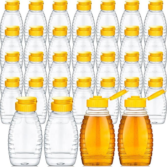 Eccliy 32 Pcs Clear Plastic Honey Jar Empty Honey Bottles with Caps Refillable Containers Leakproof Squeeze Bottle Container Holder with Flip Lid for Storing (12 oz,Yellow)