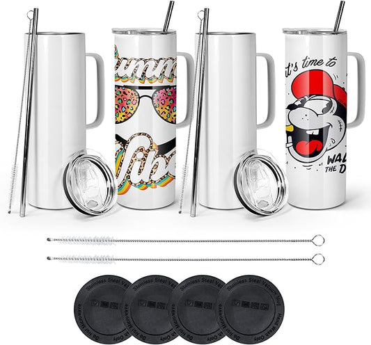 AGH 30oz Sublimation Straight Skinny Tumblers with Handle, 4 Pack Stainless Steel Coffee Mug with Handle, Insulated Tumblers with Lid & Straw, Portable Travel Tumblers for Coffee & Juice.