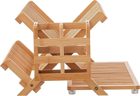 HBlife Bamboo Dish Drying Rack with Utensil Holder, 3-Tier Large Collapsible Wooden Dish Drainer Rack, Folding Drying Holder Dish Drainer for Kitchen Counter