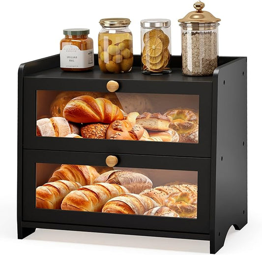 JANSNIMEN Double Layer Bread Box for Kitchen Countertop, Large Breadbox Bread Container Storage with Acrylic Door, Wooden Farmhouse Bread Holder (Black, Medim-15.7" L x 9.5" W x 13" H)