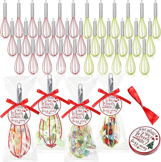 100 Sets 8 Inch Christmas Whisks Gifts DIY Fillable Christmas Tree Ornaments Xmas Colored Silicone Whisks for Cooking Heat Resistant Egg Beaters with Card Rope Bag for Candy Holder