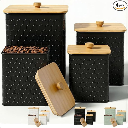 Kitchen Canisters for Countertop Set of 4 - Textured Iron Kitchen Canisters with Airtight Lids - Flour Sugar Canister Set - Flour and Sugar Containers Farmhouse - Coffee Jar for Counter - Black Jar x4