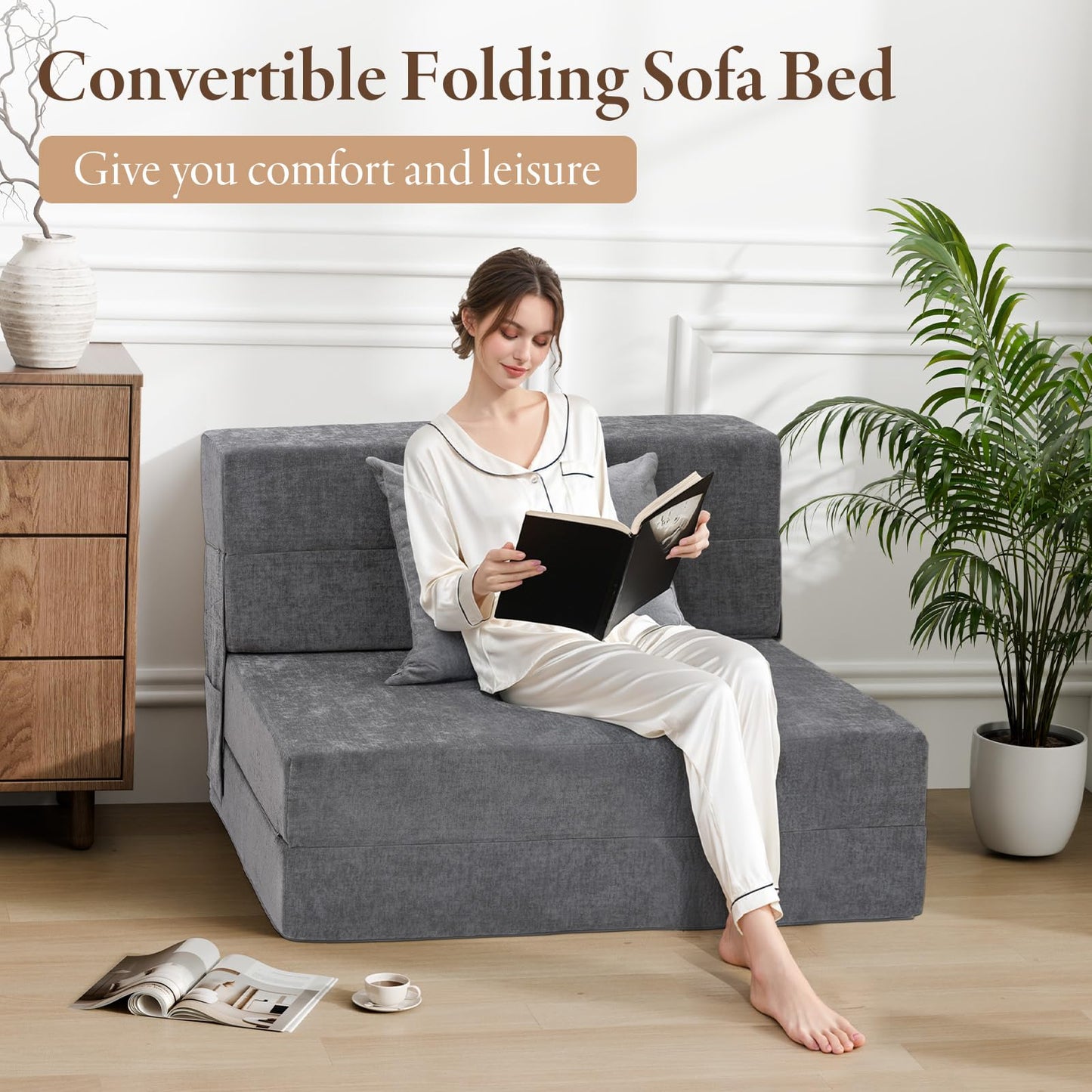 HOMFINE Folding Sofa Bed - Convertible Sleeper Chair with Pillow, Fold Out Couch, Foam Floor Mattress, Futon Couch, Lazy Sofa for Living Room/Dorm/Guest Room/Home Office, Twin, Gray