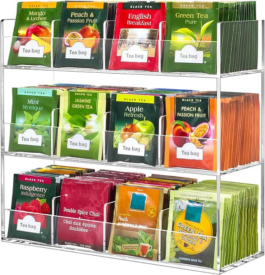 BEYGORM Acrylic Tea Bag Organizer for 216 Tea Packets, No Assembly Required, Display Holder for Countertop, Vertical Tea Bag Caddy for Cabinet, Tea bar Accessories, Teabags Storage Containers