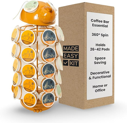 Made Easy Kit Carousel Coffee Pod Holder - Compatible with Keurig K-Pods K-Cups - Countertop 360 Spin Rack Storage Organizer - Revolving Base - Capsule Café Station Bar (Dog Brown, Large)