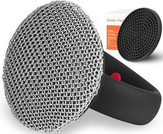Cast Iron Cleaner Scrubber+Tray with Handle, Welded Chainmail Scrubber for Pan Pot Oven Wok Cleaning- Small Ring Chain Scrub Metal Brush Iron Skillet Steel Wool Scrubber Steel Sponge