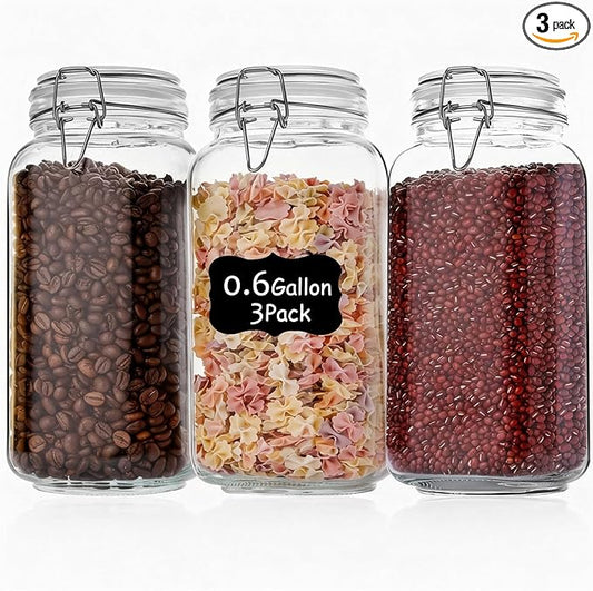 Liuruiyu 78oz Glass Food Storage Jars with Airtight Clamp Lids, 3 Pack Wide Mouth Large Kitchen Canisters for Flour, Cereal, Beans, Pasta and Canning, Square Mason Jar with Labels