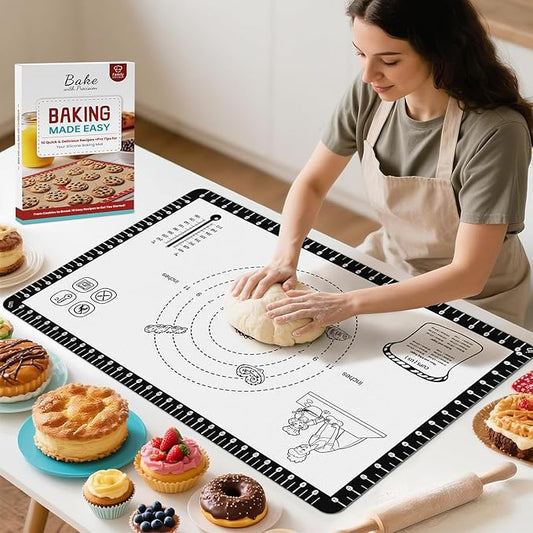 Silicone Baking Mat with 10 Recipes, Extra Thick Silicone Mats for Baking, Non Stick Pastry Mat,Reusable kneading Dough Rolling Mat for Cookie, Macaron, Bread, Pizza Black 26X16 INCH