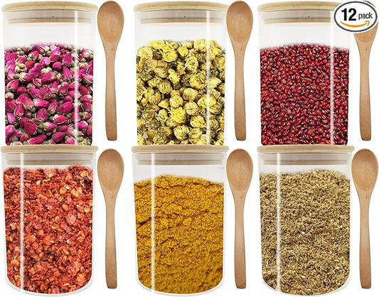 VIKEYHOME Glass Pantry Storage Containers, 27oz (6 Pack) Borosilicate Glass Food Jars with Airtight Bamboo Lids, 800ml Jar with 6 pcs Wooden Spoons