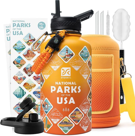 DYSANKY National Parks Water Bottle – 64 oz Insulated Stainless Steel Bottle with 63 Hand-Drawn Park Stickers, Carrier Bag, Strap & Gift Box – BPA-Free – Ideal for Hiking, Camping & Travel