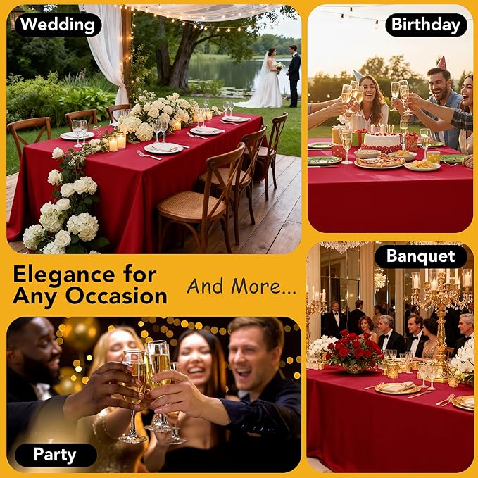 6-Pack Red Tablecloths for Rectangle Tables, 90 x 132 Inches, Stain-Resistant Polyester Fabric for 8 Foot Tables - Washable Table Covers for Weddings, Banquets, Birthday Parties, Events