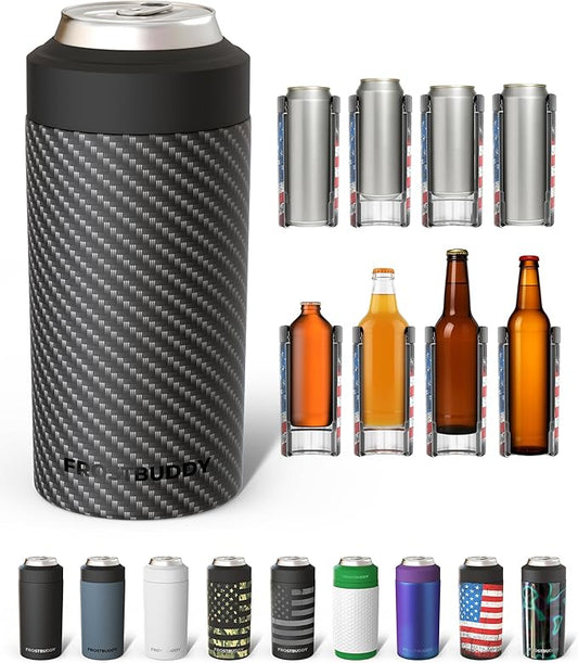 Frost Buddy Universal Can Cooler - Fits all - Stainless Steel Can Cooler for 12 oz & 16 oz Regular or Slim Cans & Bottles - Stainless Steel (Carbon Fiber)