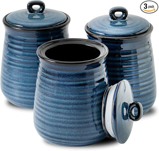 HASENSE Ceramic Food Storage Jars Set of 3,25 FL OZ Kitchen Canisters with Airtight Lids, Coffee,Tea and Sugar Containers, Farmhouse Decor for Kitchen, Blue