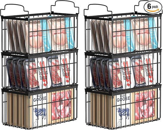 Freezer Organizer Bins, 6 Pack Stackable Deep Chest Freezer Organizer Bins, Foldable Baskets with Handles, Black Storage Container Baskets for 5/ 7 Cu.FT Deep Freezer Sort Frozen Meats