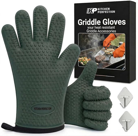 KITCHEN PERFECTION XL Silicone Oven & Griddle Gloves -Extreme Heat Resistant BBQ & Grilling Gloves -Handle Hot Food Right on Your Griddle |Waterproof Oven Mitts Grill Gloves |Superior Set+3 Bonuses