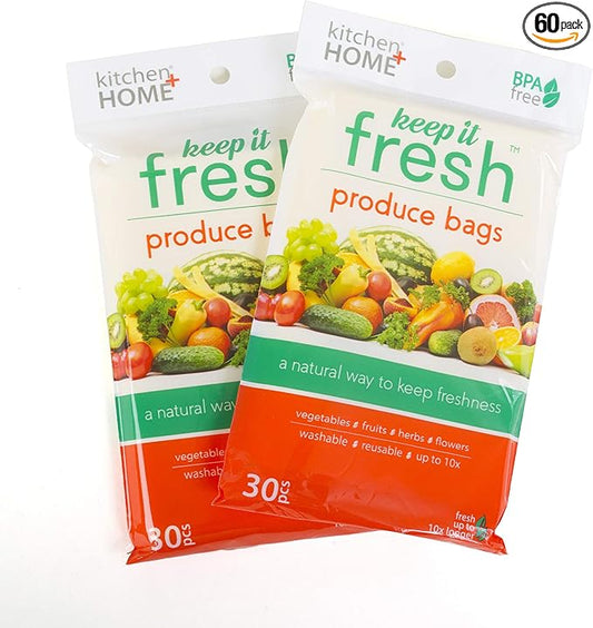Keep it Fresh Produce Bags - 60 Reusable BPA Free Freshness Produce Bags & Twist Ties - Keeps Fruits, Veggies, and Flowers Fresher Longer