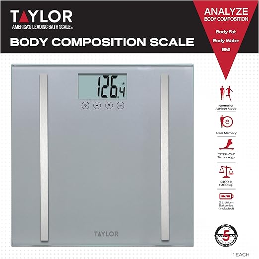 Taylor Digital Body Composition Scale, Bathroom Scale for Body Weight, Measures Body Fat, Body Water, and Muscle Mass Percentages, 8 User Recognition, FSA HSA Eligible, 400 lb Capacity, Charcoal