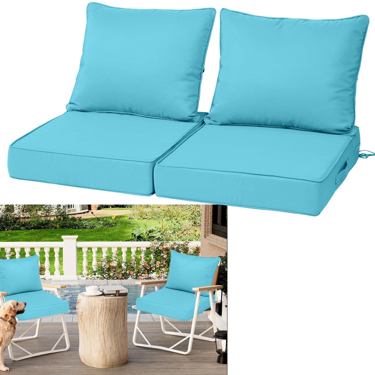 Outdoor Deep Seat Cushions for Patio Furniture Set of 2, Waterproof Outdoor Chair Cushions 24 x 24 x 4'' Patio Furniture Cushion with Fade Resistant Removable Cover, Handle & Straps, Lake Blue