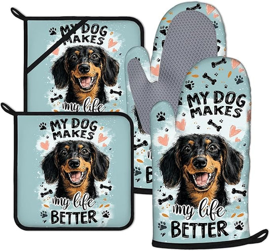 Life is Better with Dogs Oven Mitts and Pot Holders Sets 4Pcs Silicone Non-Slip Mitts Heat Resistant Gloves Hot Pads for Kitchen Cooking Baking Grilling BBQ