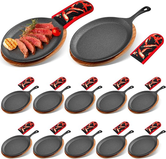 Lallisa 12 Sets Cast Iron Fajita Plate Set Fajita Plate Pan with Wooden Tray Anti Scald Protection Hot Mitt Cast Iron Skillet Set for Home Barbecue Kitchen Party Restaurant Catering Service