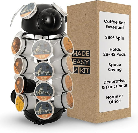 Made Easy Kit Carousel Coffee Pod Holder - Compatible with Keurig K-Pods K-Cups - Countertop 360 Spin Rack Storage Organizer - Revolving Base - Capsule Café Station Bar (Dog Black, Small)