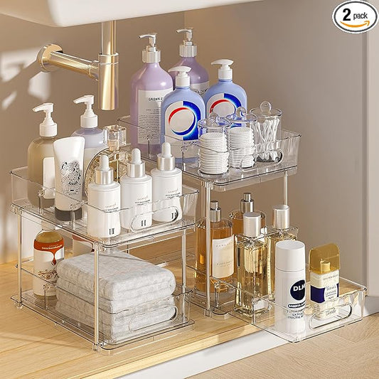 Delamu 2 Tier Snap-Lock Bathroom Under Sink Organizers and Storage, Multi-Purpose Cabinet Drawers with Movable Dividers, Pull Out Organization for Countertop, Kitchen and Pantry(Clear, 2 Pack)