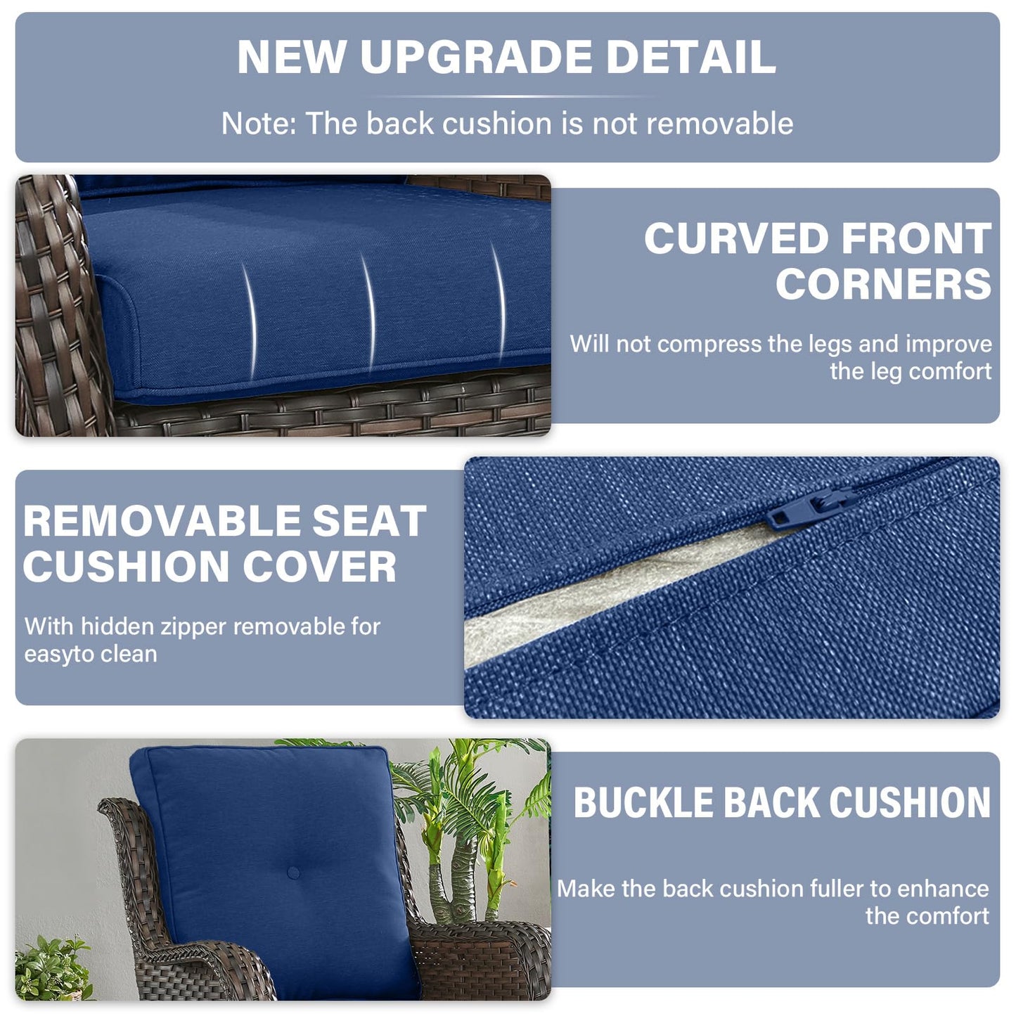 Artfurniz Outdoor Chair Cushions - 22 * 24" Patio Furniture Cushions with Removable Cover, 28D High Density Sponge Filling Outdoor Patio Cushions for Chairs, Rocker, Sofa and Loveseat - Blue