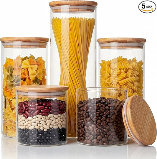 Multi Size - 5 Pack Glass Jars with Bamboo Lids, Glass Pantry Storage Containers with Airtight Lids, Round Air Tigh Food Storage Canisters for Cereal, Pasta, Flour, Sugar, Best for Kitchen Organizer