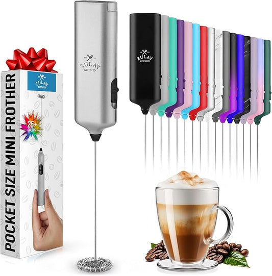 Mini & Mighty Milk Frother Wand – Powerful Handheld Coffee Frother, Battery Operated Drink Mixer – Compact Pocket Size – Detachable Whisk for Latte, Cappuccino, Matcha, Hot Chocolate – Silver Black
