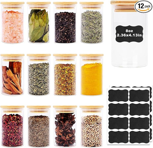 SHOWIN 8oz Glass Food Storage Jars, Glass Jars with Bamboo Lids, Kitchen Storage Jars, Set of 12, Canisters with Airtight Lids for Spice, Coffee, Cookie, Pantry Organizers