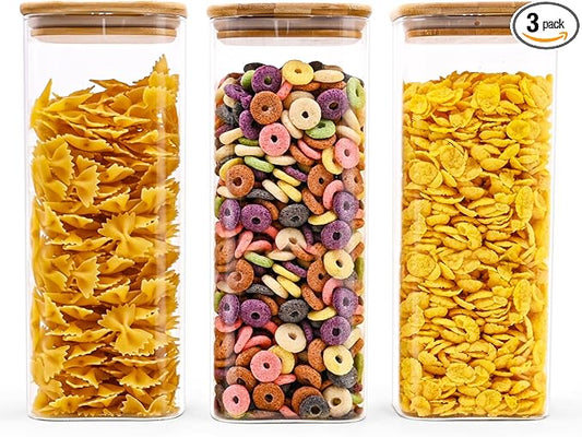 SHOWIN Glass Food Storage Jars Square 61oz, 3 Pack Glass Jars With Bamboo Lids, Kitchen Storage Containers For Spice, Candy, Cookie, Storage For Pantry Organizers