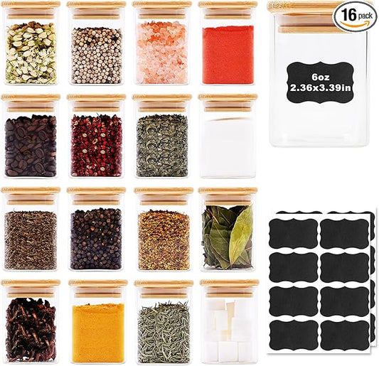 SHOWIN Glass Food Storage Jars Square 6oz, 16 Pack Glass Jars With Bamboo Lids, Kitchen Storage Containers For Spice, Candy, Cookie, Storage For Pantry Organizers