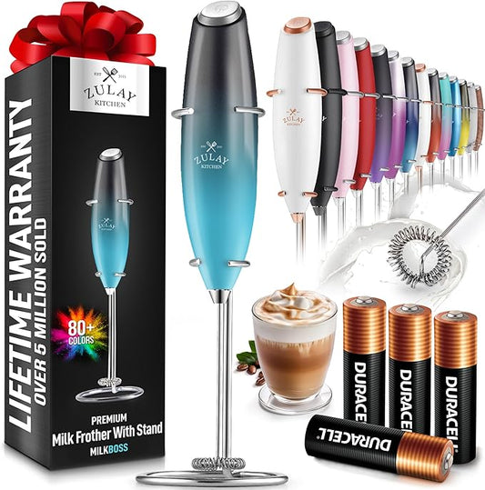 Zulay Kitchen Powerful Milk Frother Wand With 4 AA Duracell Batteries - Ultra Fast Handheld Drink Mixer - Electric Whisk Foam Maker for Coffee, Lattes, Cappuccino, Matcha & Creamer - Marine