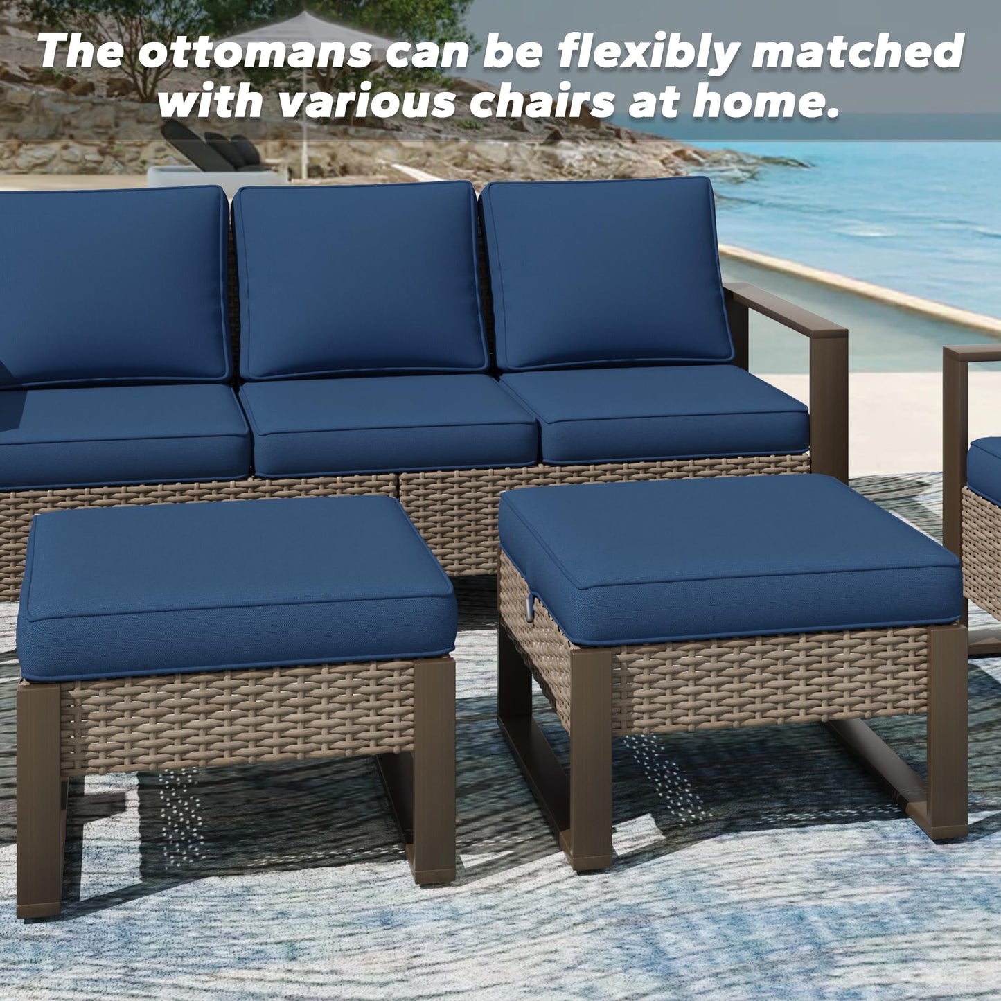 MeetLeisure Patio Metal Wicker Ottoman Set of 2, Outdoor PE Rattan Footstools with Removable Cushions & Wood-Looking Metal Steel Framed Legs for Garden Backyard Porch Deck, Dark Blue