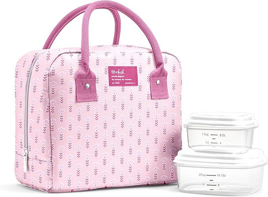 Fit & Fresh Bloomington Lunch Bag for Women - Insulated Large Lunch Box for Work with Containers, Leak-Resistant, Stain-Resistant, Zipper Closure, Tiny Pink Flowers