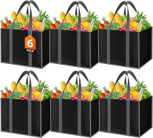 SpaceWhisper Reusable Grocery Bags with Long Handles [6 Pack] - Multipurpose Large Shopping Bags for Groceries, Foldable Grocery Totes Resist Water & Stains for Kitchen, Car Trunk, Picnic (Black)