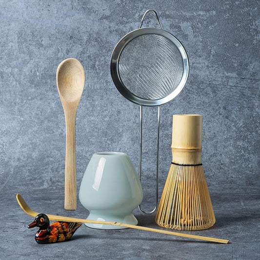 Matcha Whisk Set, Matcha Making Kit Whisk (Chasen Holder), Ceramic Whisk Holder (Light Blue), Bamboo Scoop, Powder Starter Sifter, Spoon Japanese Tea Tools For Ceremony Gift