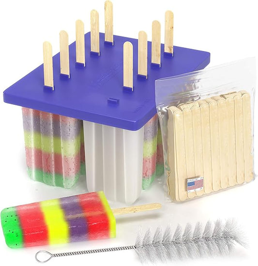 American Ice Pop Maker - Frozen Popsicle Mold - Set of 10 BPA Free Plastic Molds + 50 Wood Sticks & Cleaning Brush (Classic-10 + 200 Sticks, Blue)