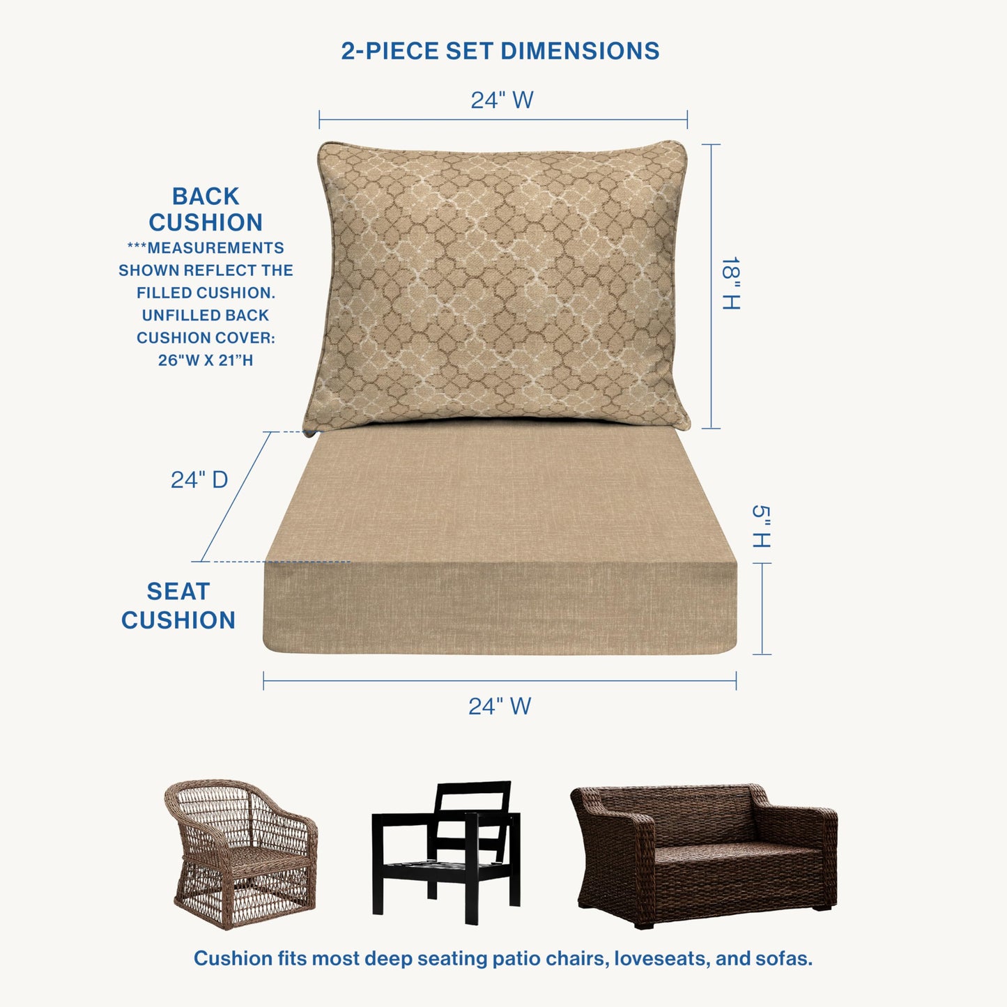 Honeycomb Outdoor Essentials Deep Seat, 24 x 24, Courtyard Geo Almond Chair Cushion for Patio Furniture