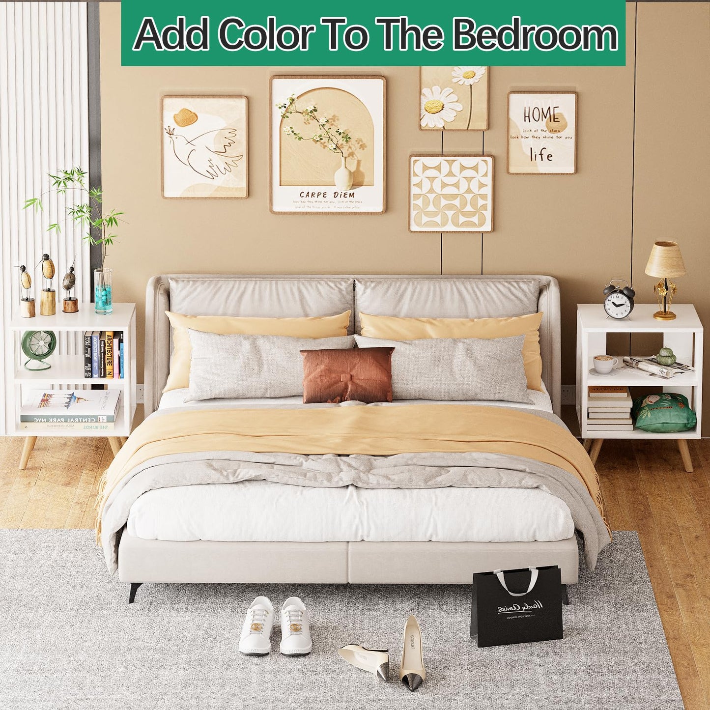 Aenuert Night Stand, White Kids Nightstand, Modern End Table with Open Storage, 2-Tier Nursery Bedside Table for Small Space, Living Room, Bedroom
